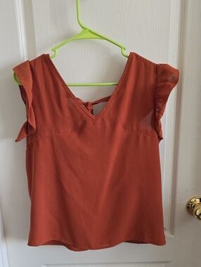 Rust Orange V-Neck Flutter Sleeve Top